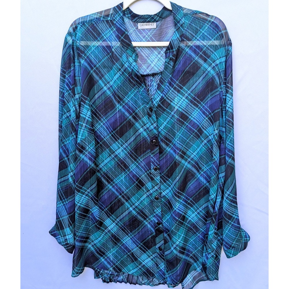 Catherines Plus 2x 22/24 Sheer ButtonUp Shirt Blouse Green Blue Teal Plaid Tunic